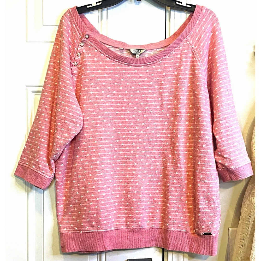 Guess Los Angeles Coquette Pink White Pullover Sweatshirt Top Women Size L